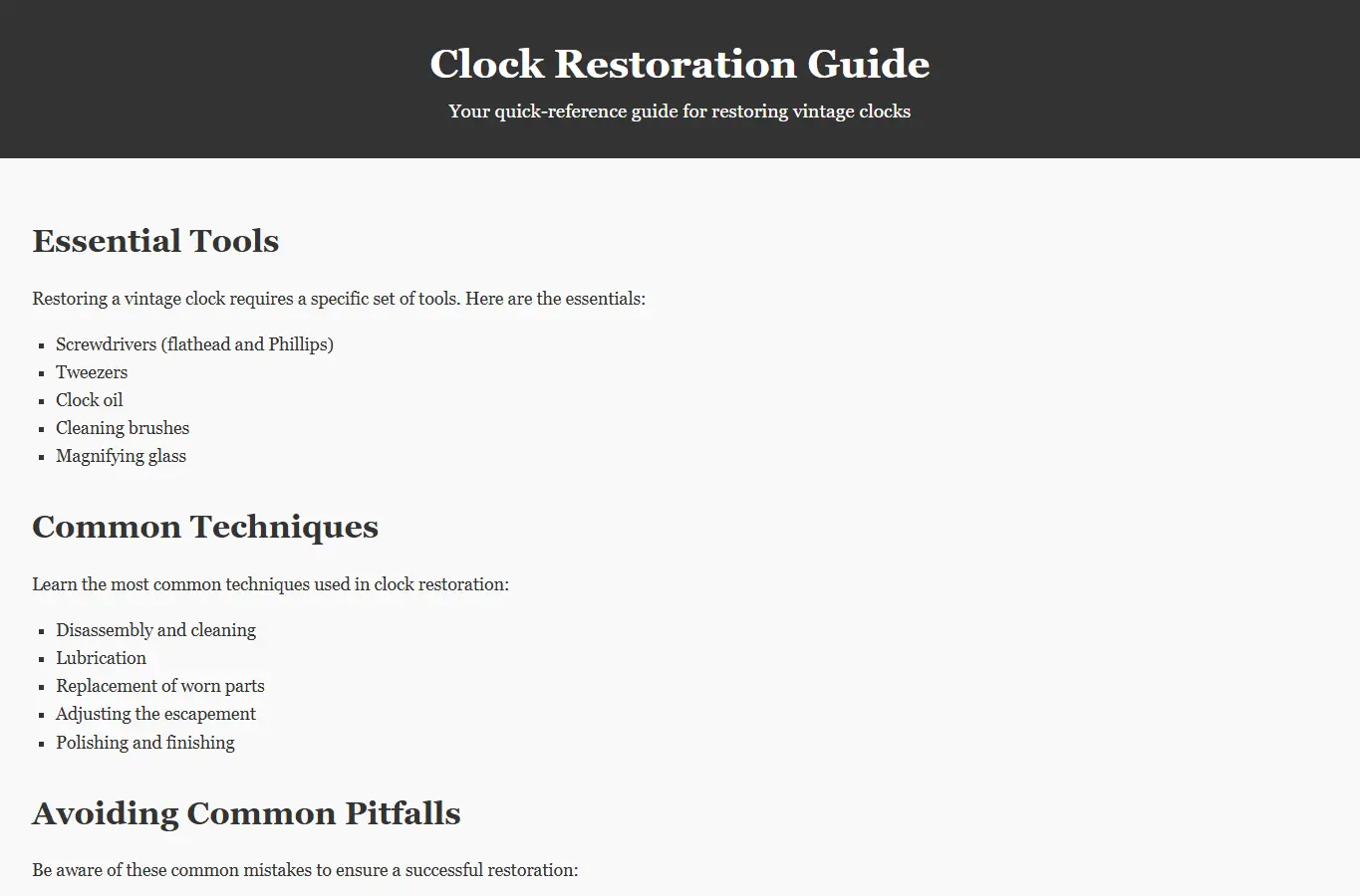 Screenshot of Clock Restoration Guide interface showing the project page in use
